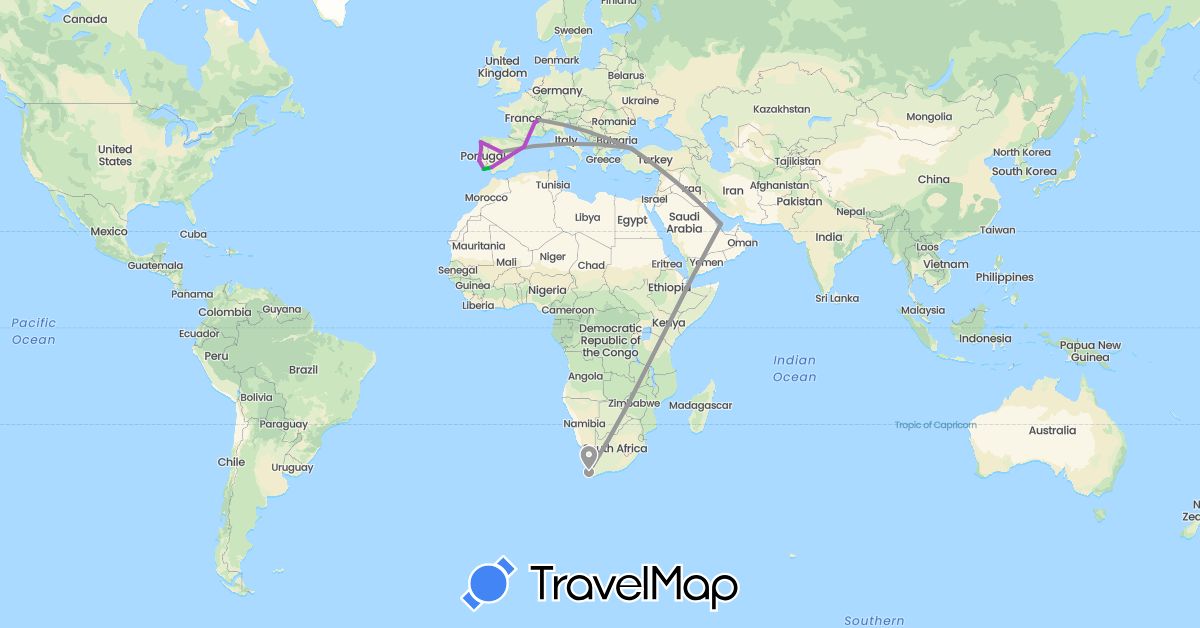 TravelMap itinerary: driving, bus, plane, train in Switzerland, Spain, France, Portugal, Qatar, Turkey, South Africa (Africa, Asia, Europe)
